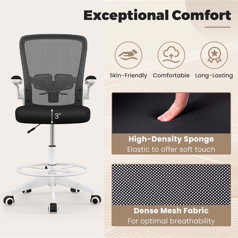 Adjustable Swivel Drafting Chair w/Lumbar Support Black&White