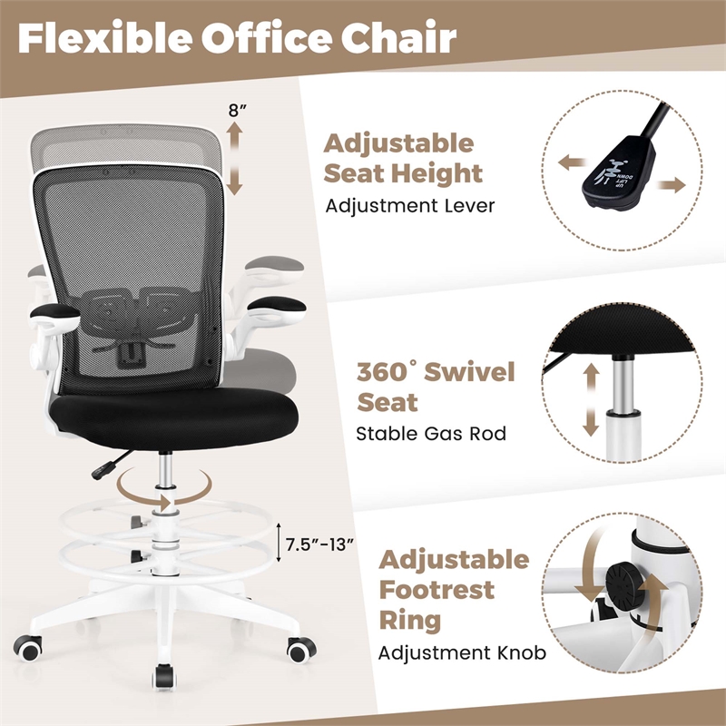 Adjustable Swivel Drafting Chair w/Lumbar Support Black&White