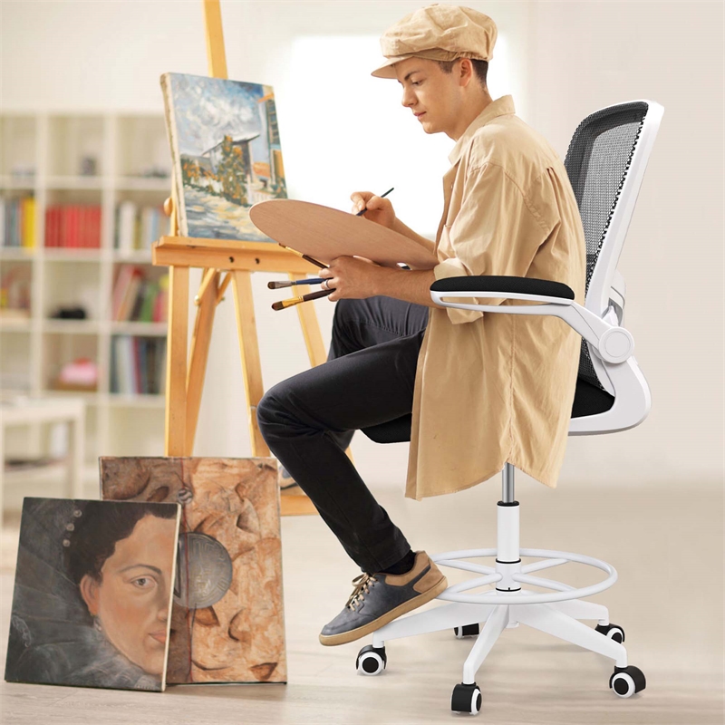 Adjustable Swivel Drafting Chair w/Lumbar Support Black&White