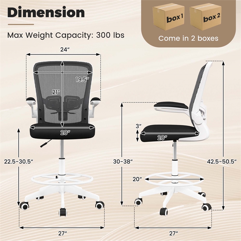 Adjustable Swivel Drafting Chair w/Lumbar Support Black&White