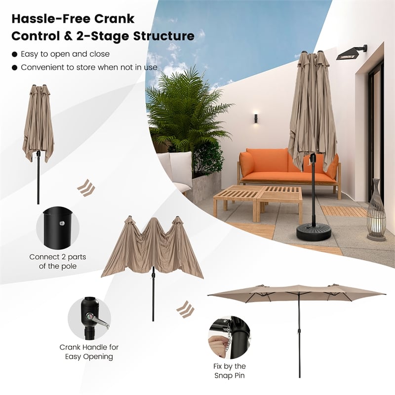 15FT Double Sided Large Patio Market Umbrella Twin Brown
