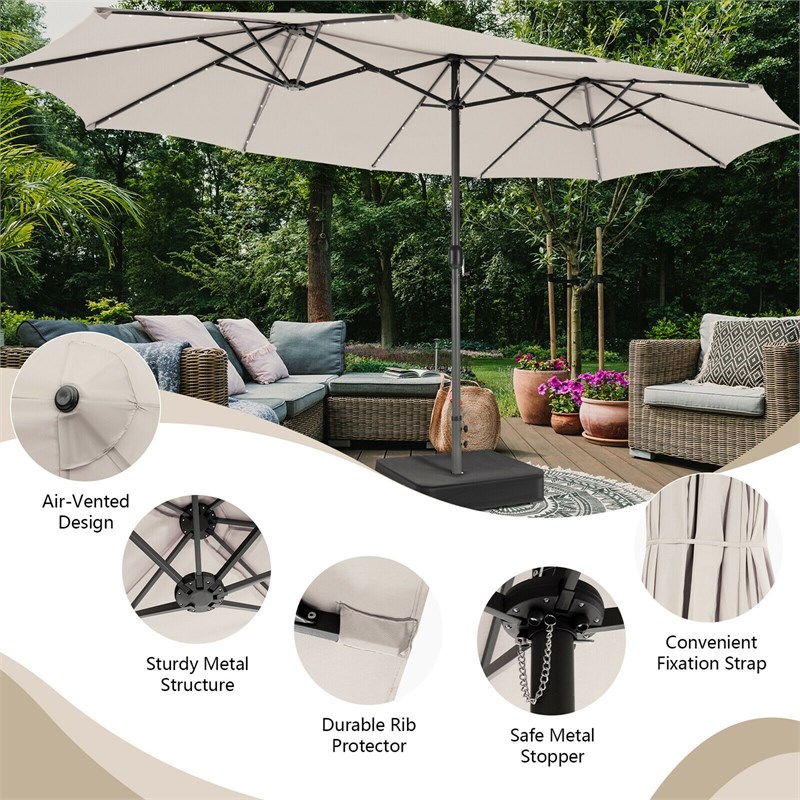 Outdoor 15FT Double-Sided Patio Umbrella w/LED Lights Beige