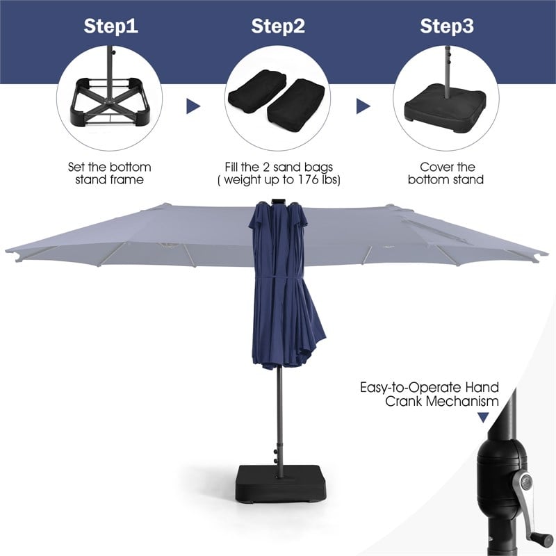Outdoor 15FT Double-Sided Patio Umbrella w/LED Lights Navy