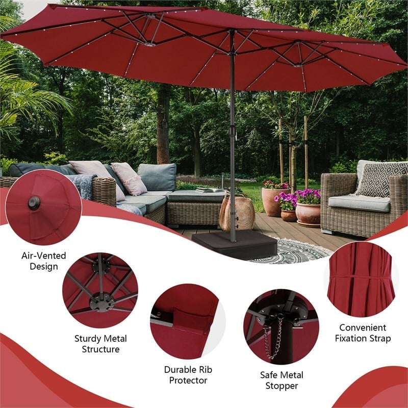 Outdoor 15FT Double-Sided Patio Umbrella w/LED Lights Wine