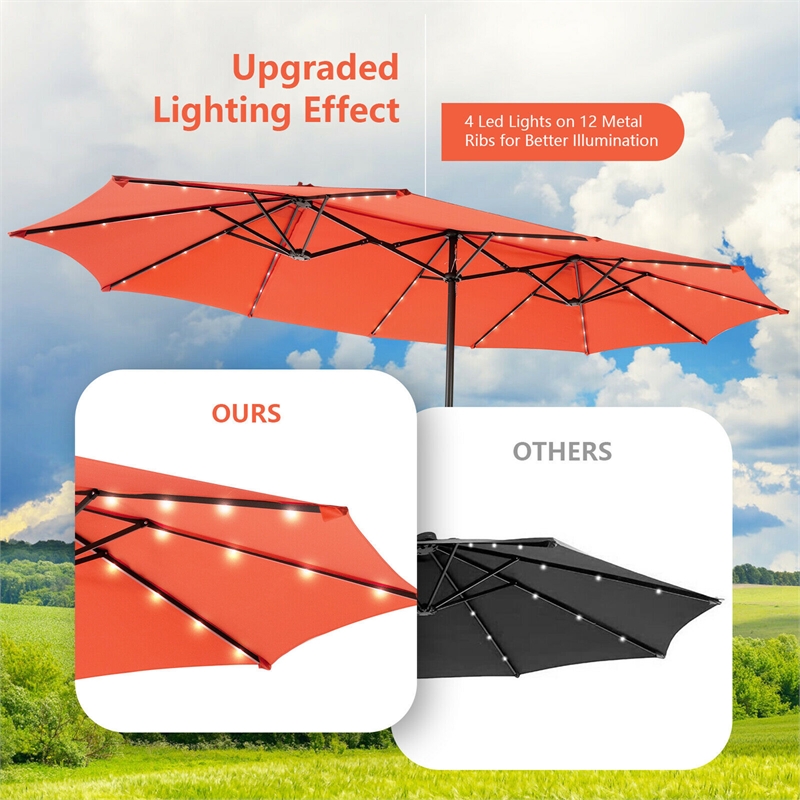 Outdoor 15FT Double-Sided Patio Umbrella w/LED Lights Orange