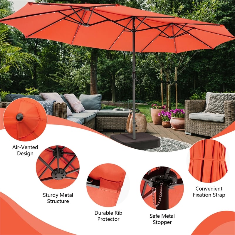 Outdoor 15FT Double-Sided Patio Umbrella w/LED Lights Orange