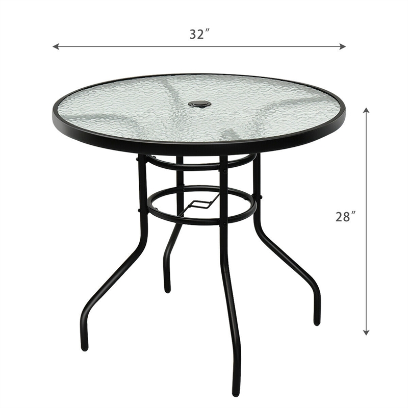 Patio Round Table Tempered Glass Steel Frame White