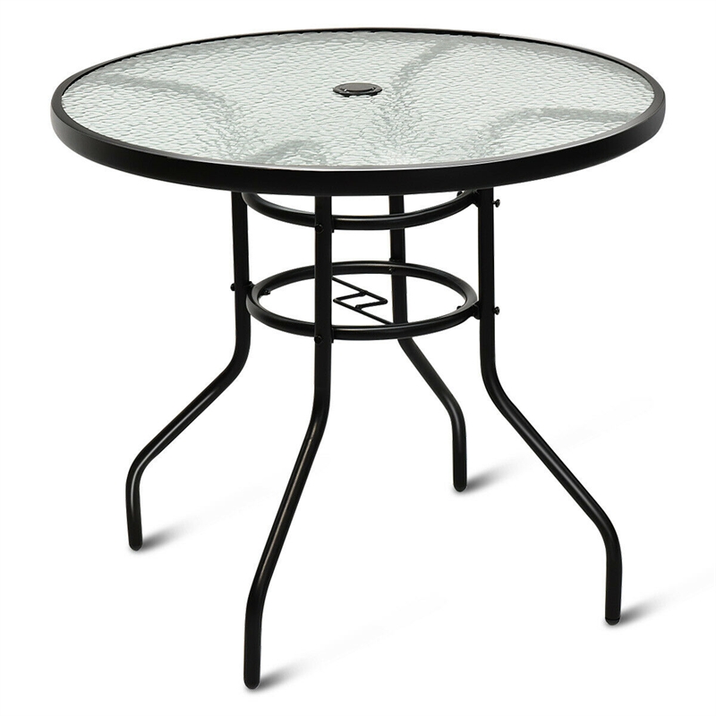 Patio Round Table Tempered Glass Steel Frame White