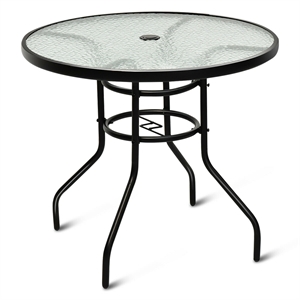 Patio Round Table Tempered Glass Steel Frame White