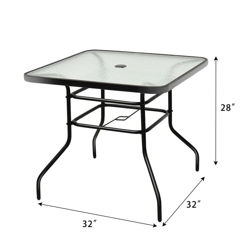 Patio Square Table Tempered Glass Steel Frame Outdoor Black