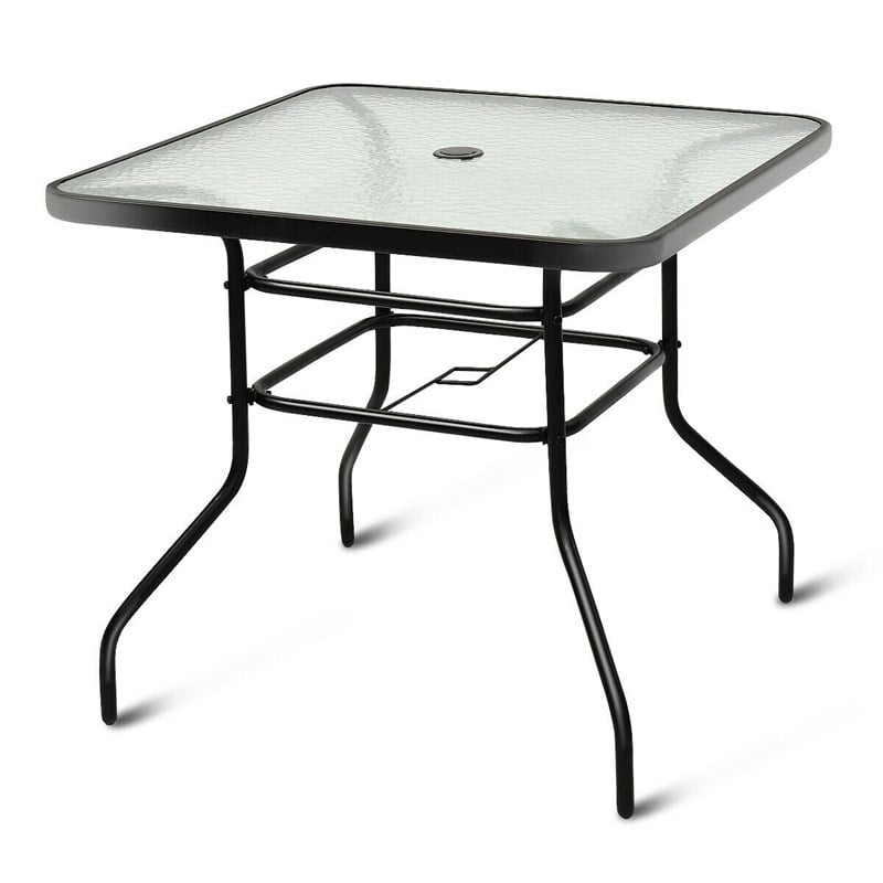 Patio Square Table Tempered Glass Steel Frame Outdoor Black