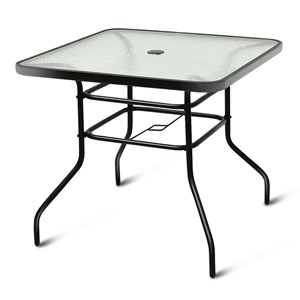 Patio Square Table Tempered Glass Steel Frame Outdoor Black