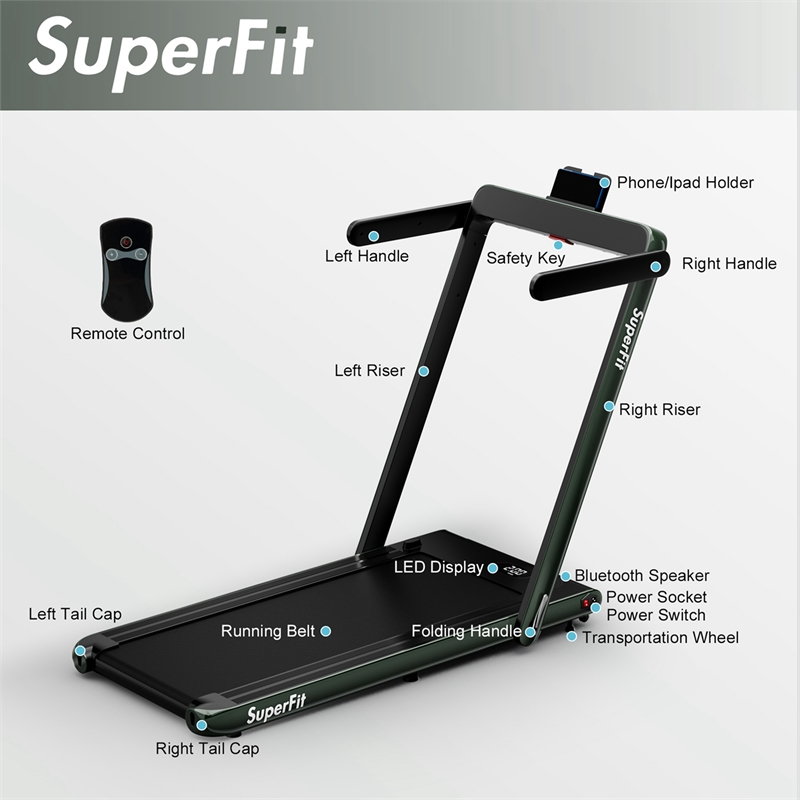 SuperFit Up To 7.5MPH 2.25HP Single Display Screen Treadmill Green