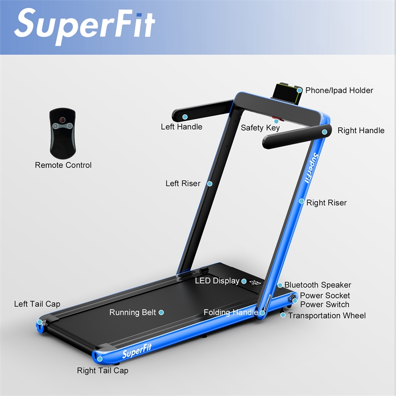 SuperFit Up To 7.5MPH 2.25HP Single Display Screen Treadmill Blue