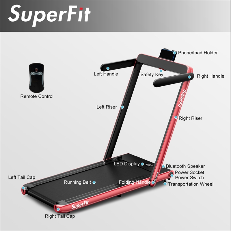 SuperFit Up To 7.5MPH 2.25HP Single Display Screen Treadmill Red