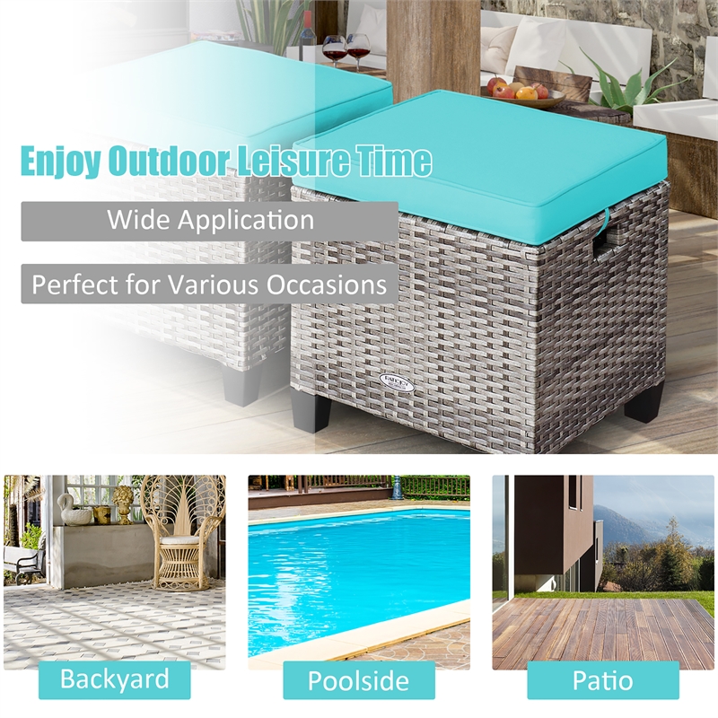 2PCS Patio Rattan Cushioned Ottoman Seat  Foot Rest Turquoise