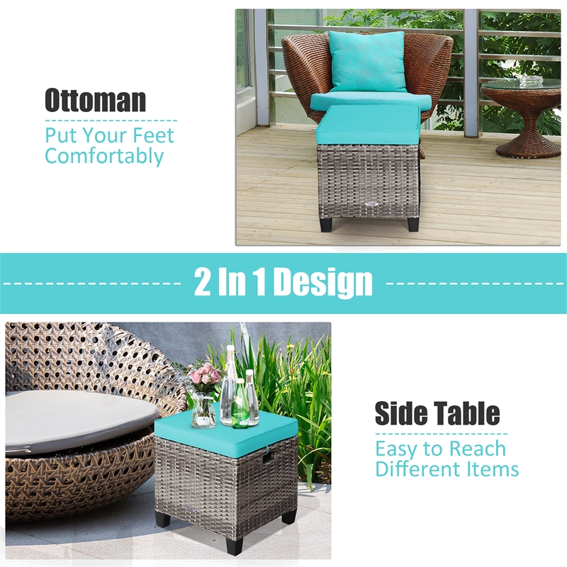 2PCS Patio Rattan Cushioned Ottoman Seat  Foot Rest Turquoise