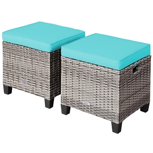 2PCS Patio Rattan Cushioned Ottoman Seat  Foot Rest Turquoise