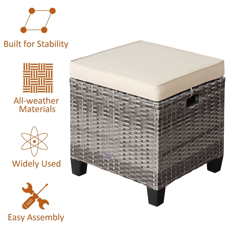 2PCS Patio Rattan Cushioned Ottoman Seat  Foot Rest Beige