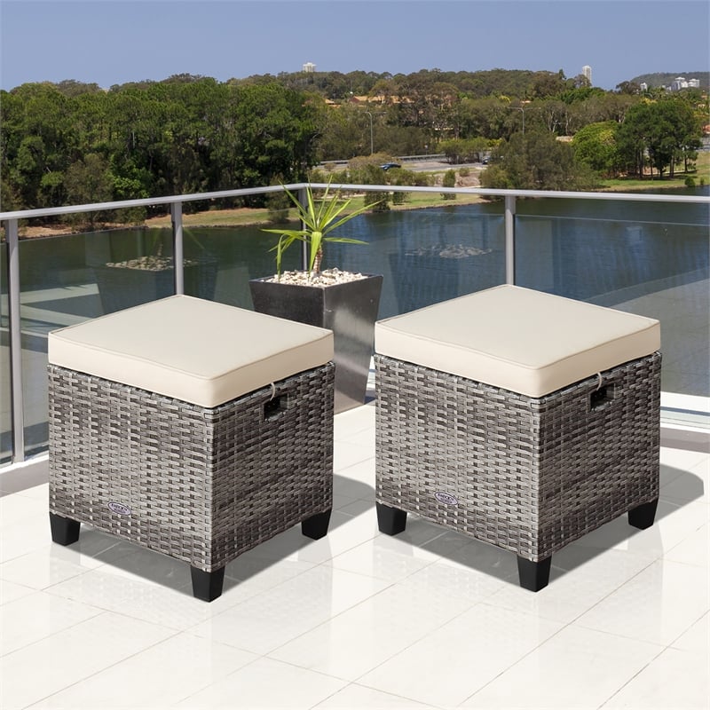 2PCS Patio Rattan Cushioned Ottoman Seat  Foot Rest Beige