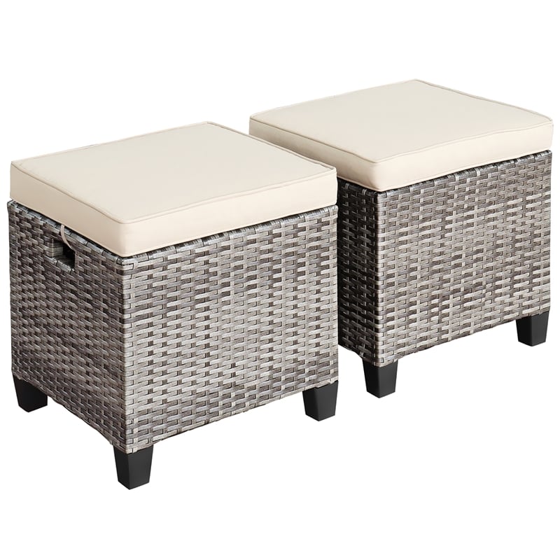 2PCS Patio Rattan Cushioned Ottoman Seat  Foot Rest Beige