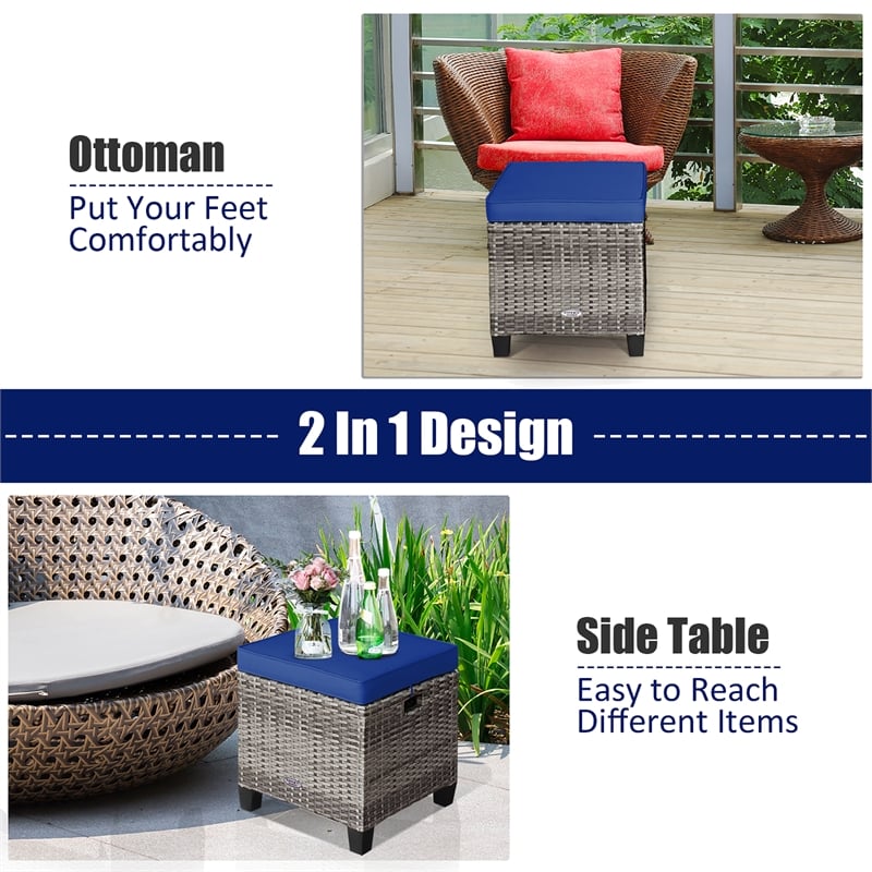 2PCS Patio Rattan Cushioned Ottoman Seat  Foot Rest Navy
