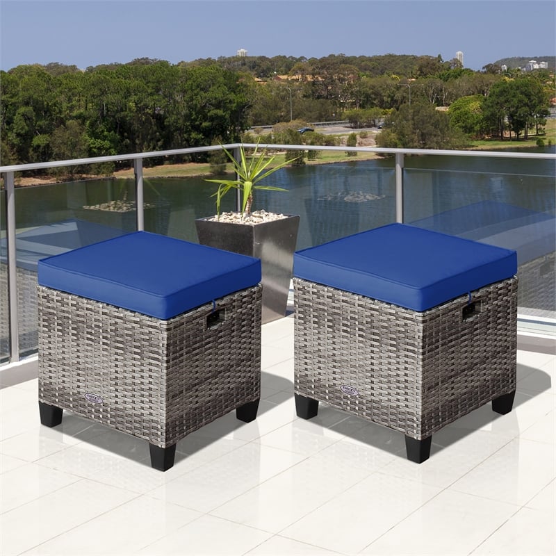 2PCS Patio Rattan Cushioned Ottoman Seat  Foot Rest Navy
