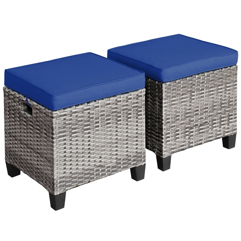2PCS Patio Rattan Cushioned Ottoman Seat  Foot Rest Navy