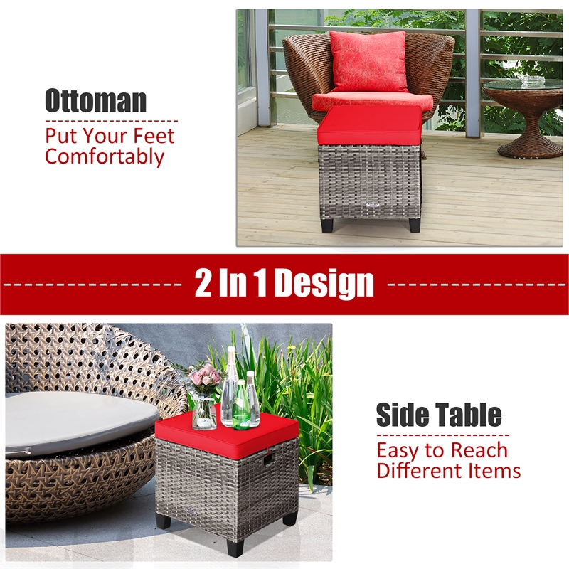 2PCS Patio Rattan Cushioned Ottoman Seat  Foot Rest Red