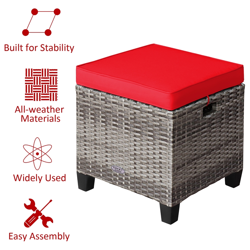 2PCS Patio Rattan Cushioned Ottoman Seat  Foot Rest Red