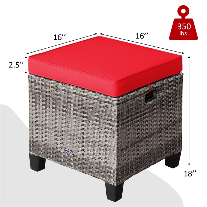 2PCS Patio Rattan Cushioned Ottoman Seat  Foot Rest Red
