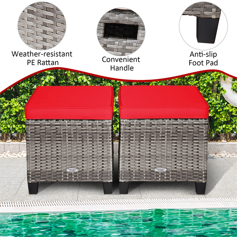 2PCS Patio Rattan Cushioned Ottoman Seat  Foot Rest Red