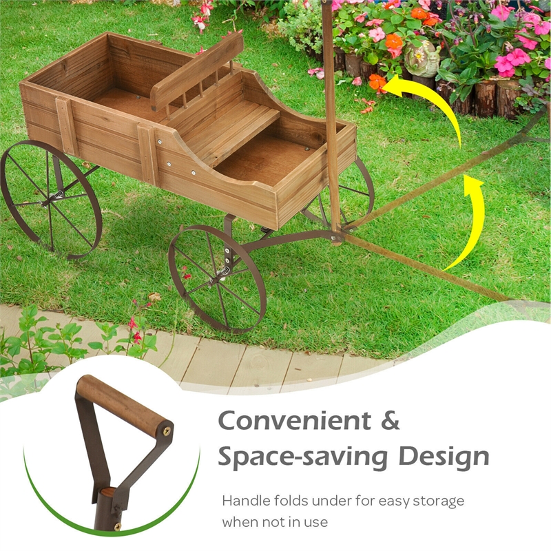 Garden Plant Planter Wooden Wagon Planter W/ Wheel Brown