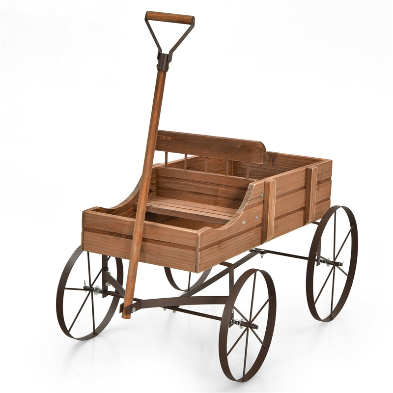 Garden Plant Planter Wooden Wagon Planter W/ Wheel Brown