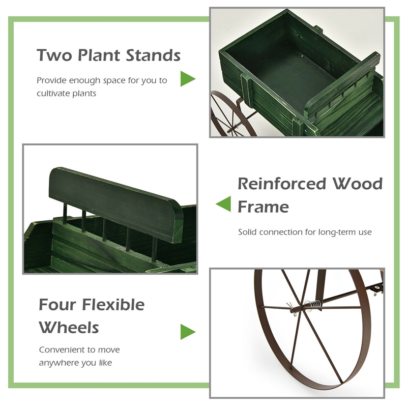 Garden Plant Planter Wooden Wagon Planter W/ Wheel Green