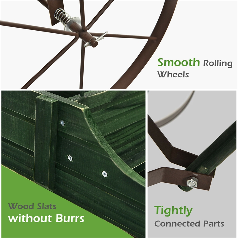 Garden Plant Planter Wooden Wagon Planter W/ Wheel Green