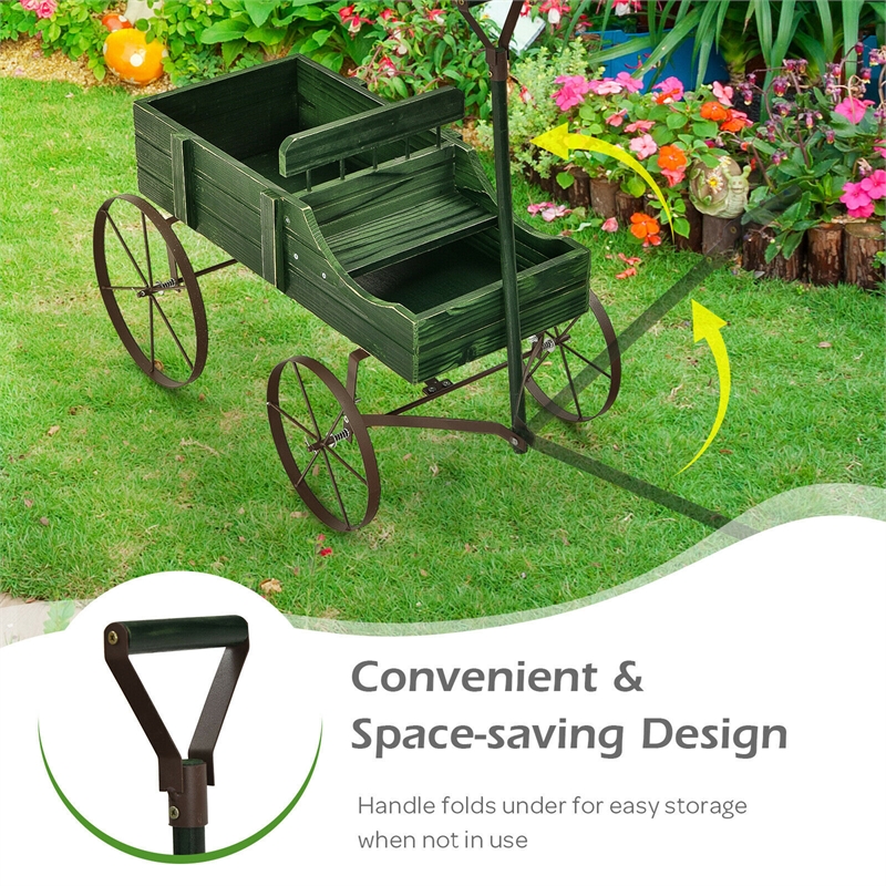 Garden Plant Planter Wooden Wagon Planter W/ Wheel Green