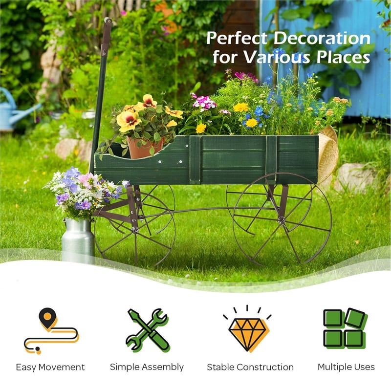 Garden Plant Planter Wooden Wagon Planter W/ Wheel Green