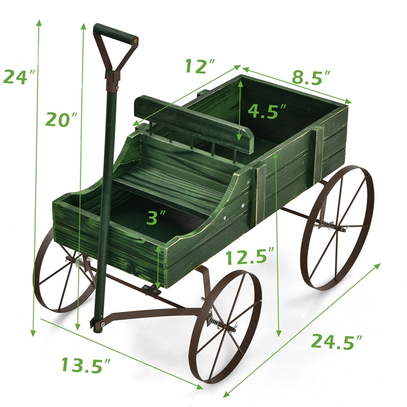 Garden Plant Planter Wooden Wagon Planter W/ Wheel Green