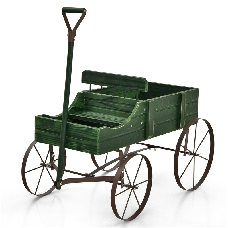 Garden Plant Planter Wooden Wagon Planter W/ Wheel Green