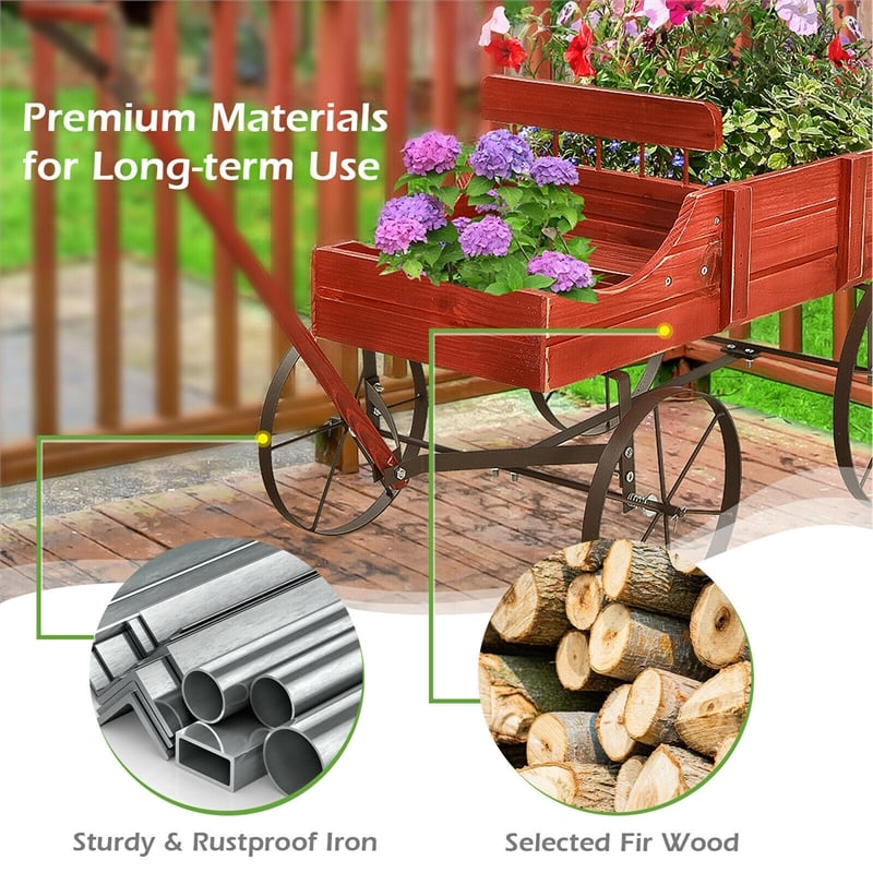 Garden Plant Planter Wooden Wagon Planter W/ Wheel Red