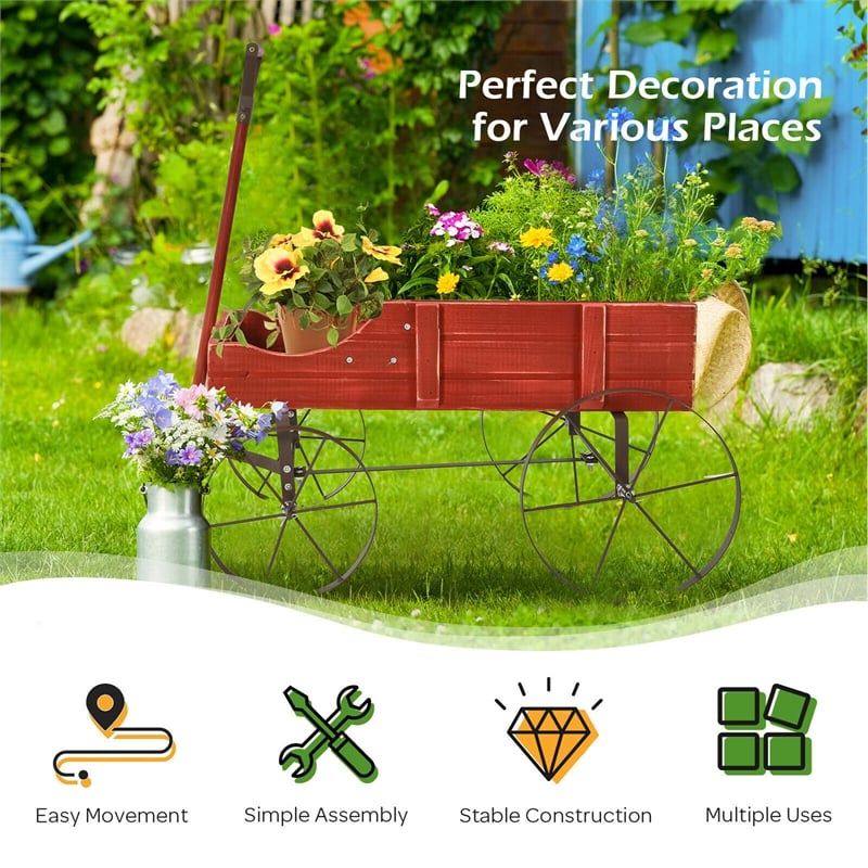 Garden Plant Planter Wooden Wagon Planter W/ Wheel Red