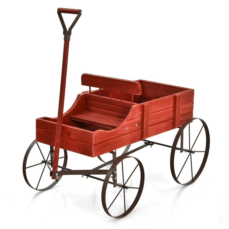 Garden Plant Planter Wooden Wagon Planter W/ Wheel Red