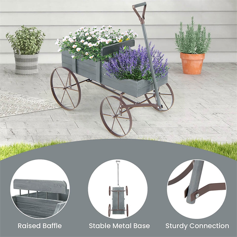 Garden Plant Planter Wooden Wagon Planter W/ Wheel Gray