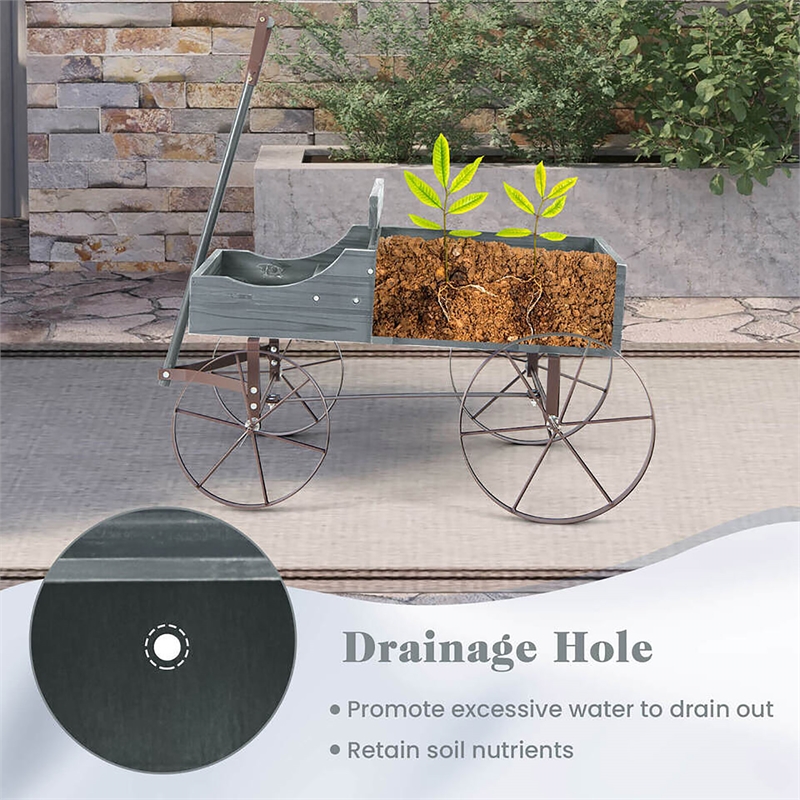Garden Plant Planter Wooden Wagon Planter W/ Wheel Gray