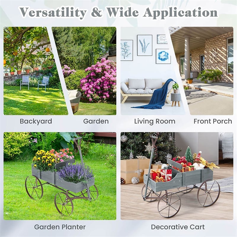 Garden Plant Planter Wooden Wagon Planter W/ Wheel Gray