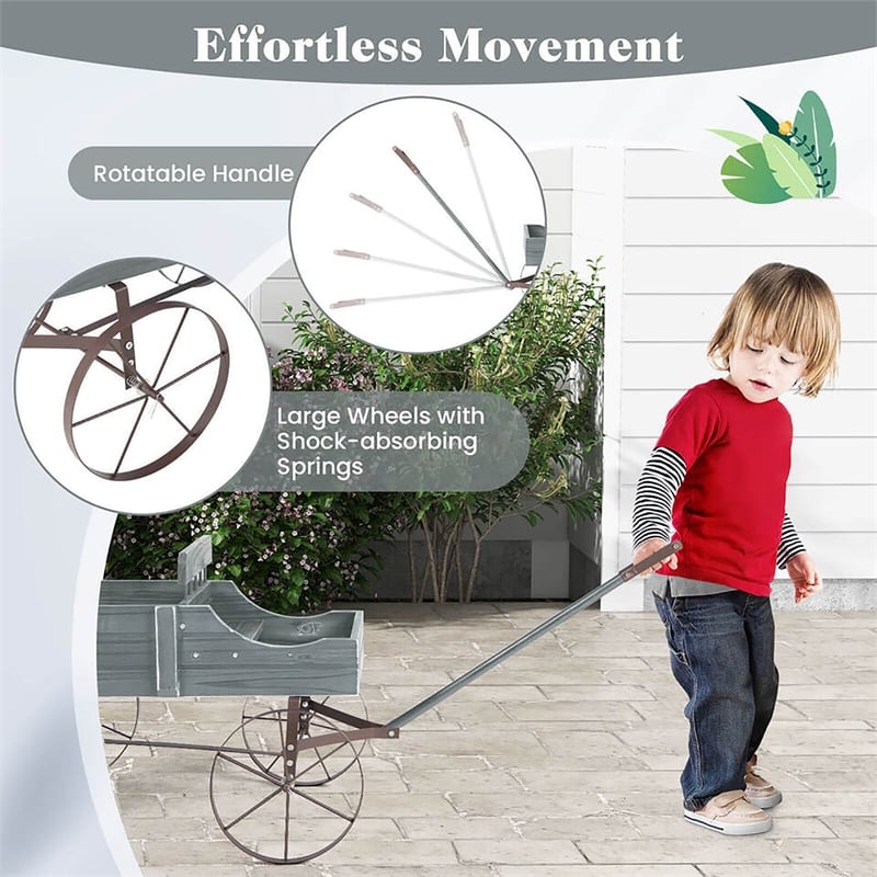 Garden Plant Planter Wooden Wagon Planter W/ Wheel Gray