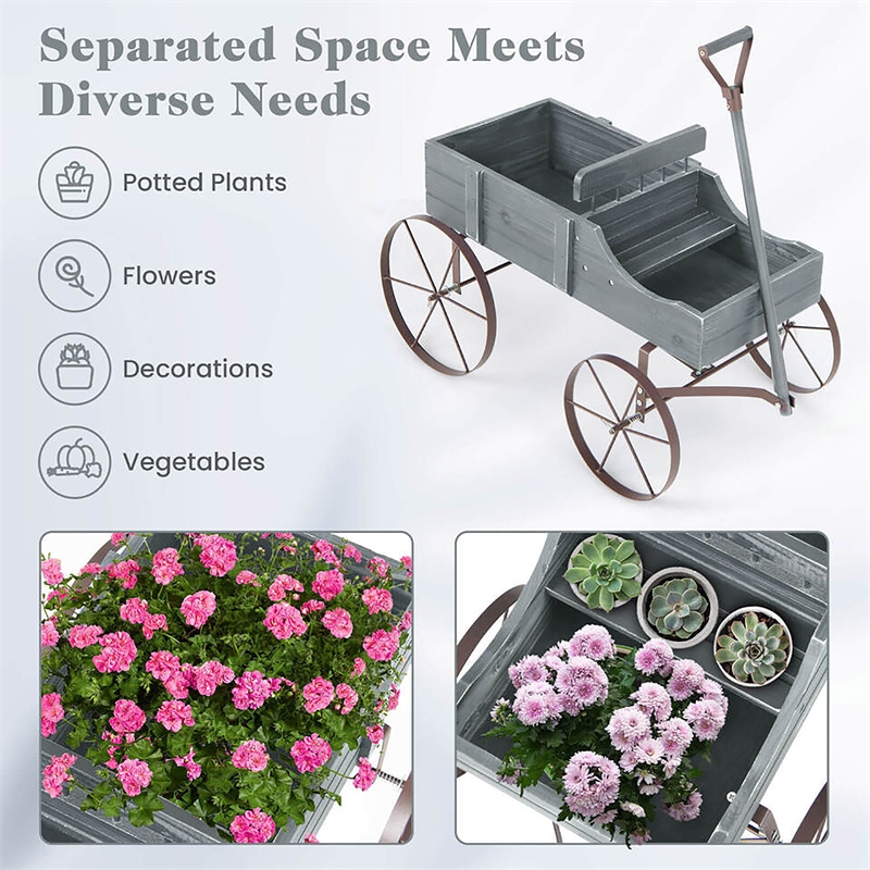 Garden Plant Planter Wooden Wagon Planter W/ Wheel Gray