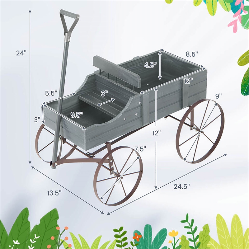 Garden Plant Planter Wooden Wagon Planter W/ Wheel Gray