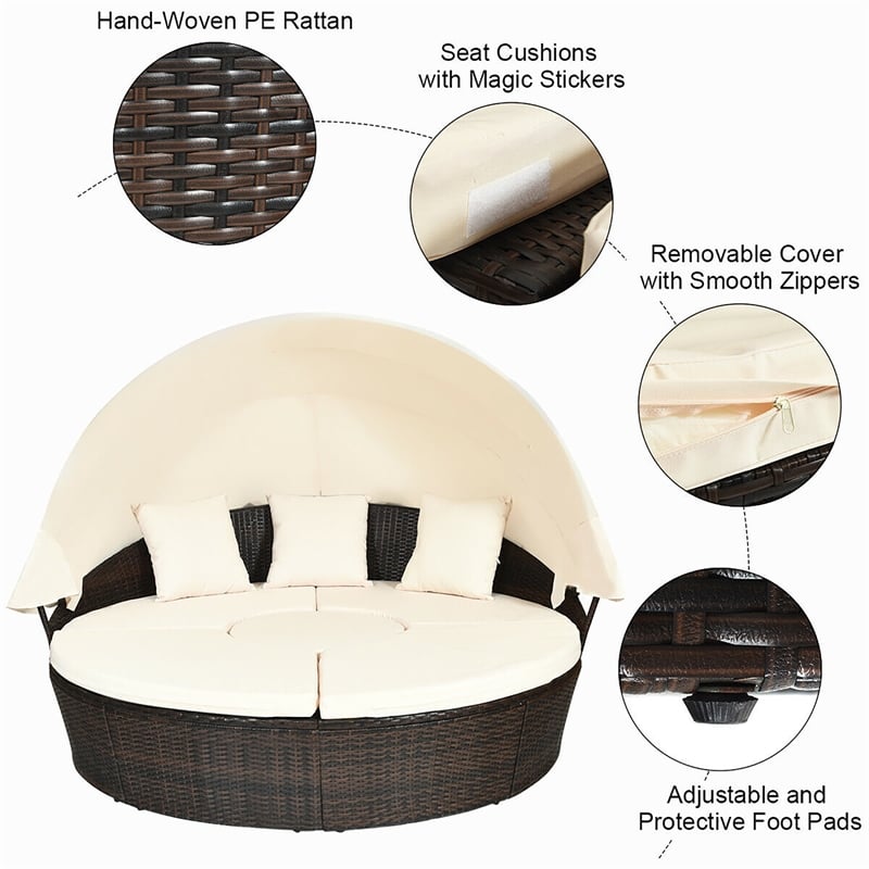 Patio Rattan Daybed Cushioned Sofa Top Canopy Brown
